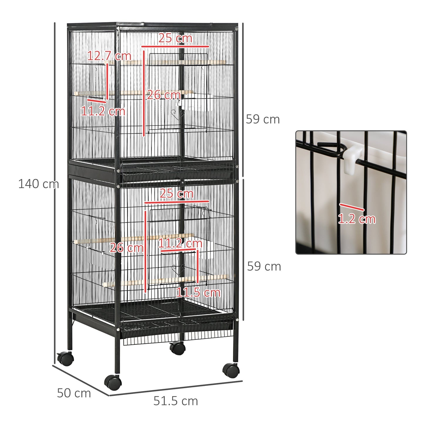 PawHut Bird Cage Budgie Cage 2 In 1 Large Aviary with Wheels Removable Trays for Finch Canaries Cockatiels Black