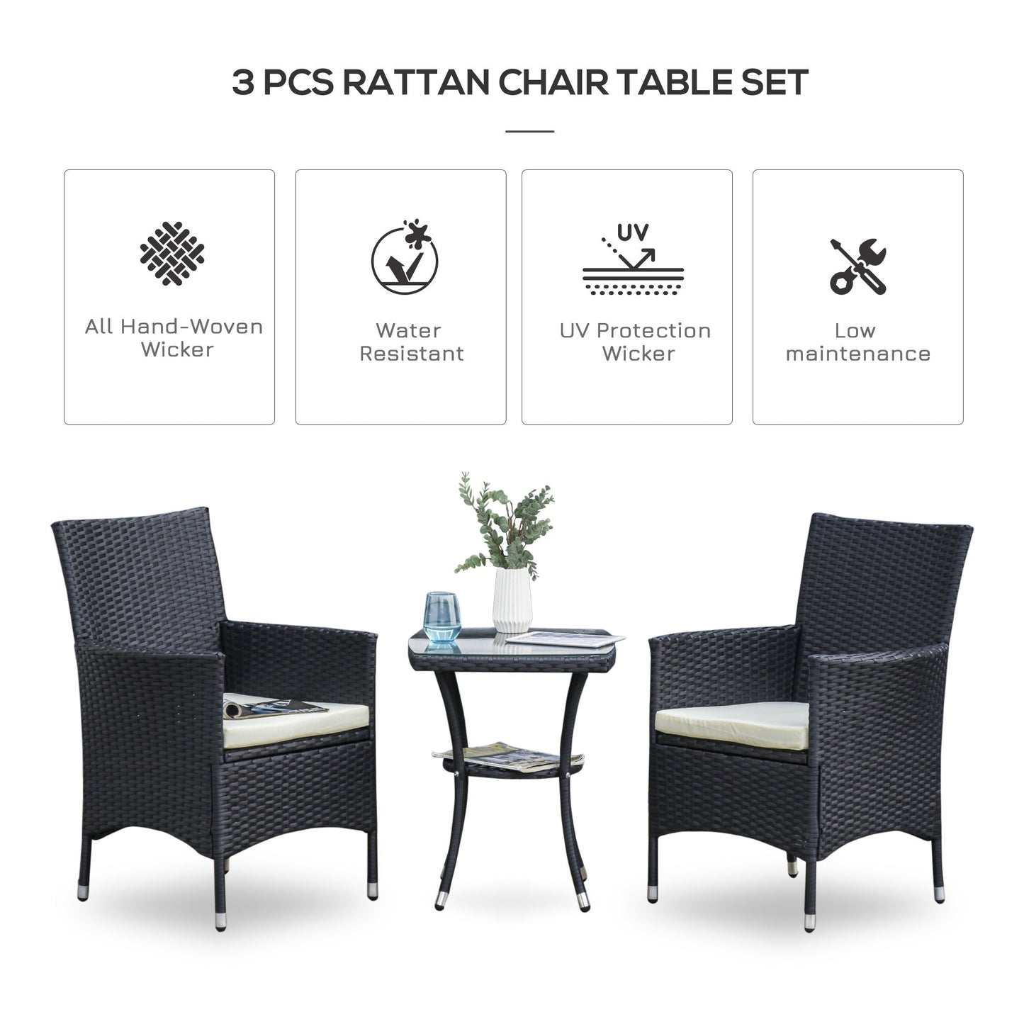 Outsunny Three-Piece Rattan Chair Set, with Cushions - Black