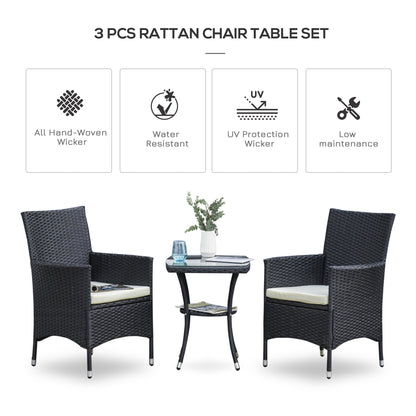 Outsunny Three-Piece Rattan Chair Set, with Cushions - Black