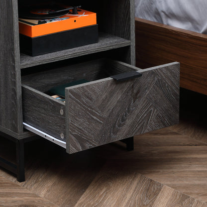 HOMCOM Bedside Table with Drawer and Shelf, Side End Table with Steel Legs for Living Room, Bedroom, Dark Grey