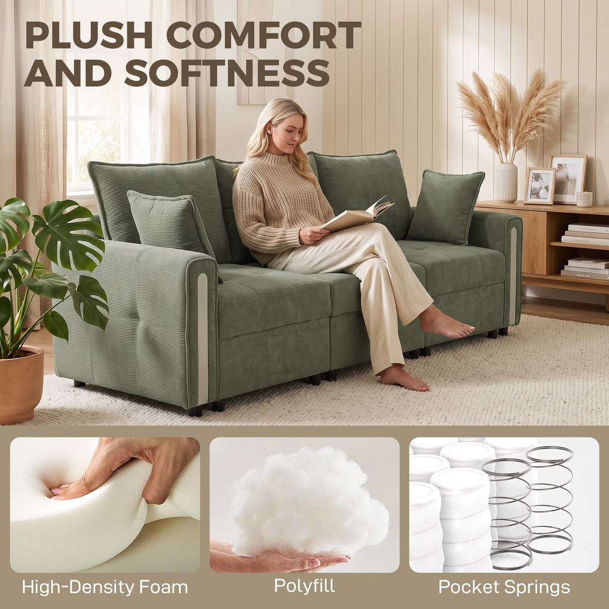 HOMCOM 3 Seater Sofa with Lift-Up Storage, 228cm Comfy Velvet Couch with Wide Deep Seat, Dark Green