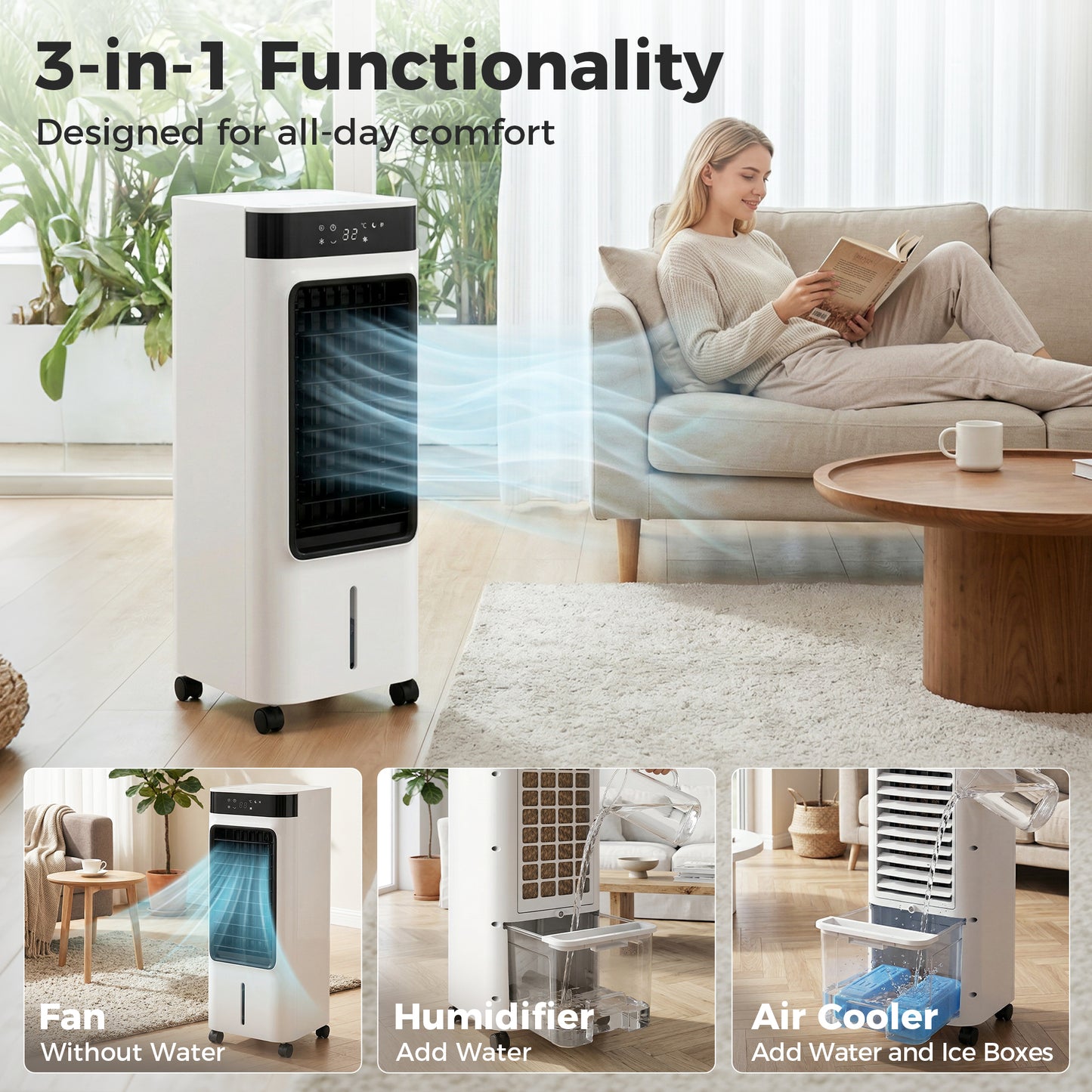 HOMCOM Portable Air Cooler, 3-In-1 Evaporative Air Cooler with 7 Litre Water Tank, 48Â° Oscillation, White