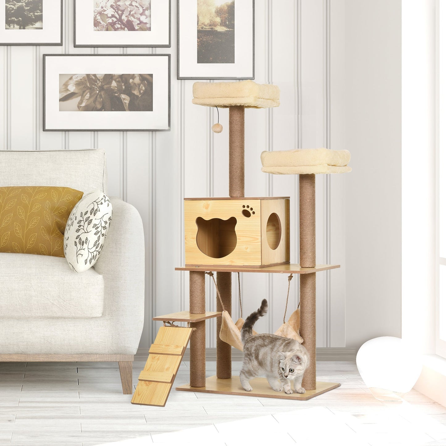 PawHut Cat Tree, 130 cm Cat Tree for Indoor Cats, Multi-Level Plush Cat Climbing Tower with 5 Scratching Posts, 2 Perches, Cat Condo, Hammock, Ramp, Toy Ball, Cat Tree for Large Cat, Yellow