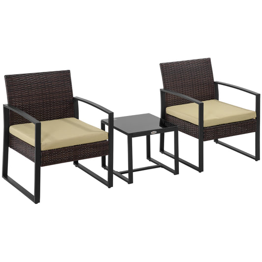 Outsunny PE Rattan Garden Furniture 3 pcs Patio Bistro Set Weave Conservatory Sofa Coffee Table and Chairs Set Beige