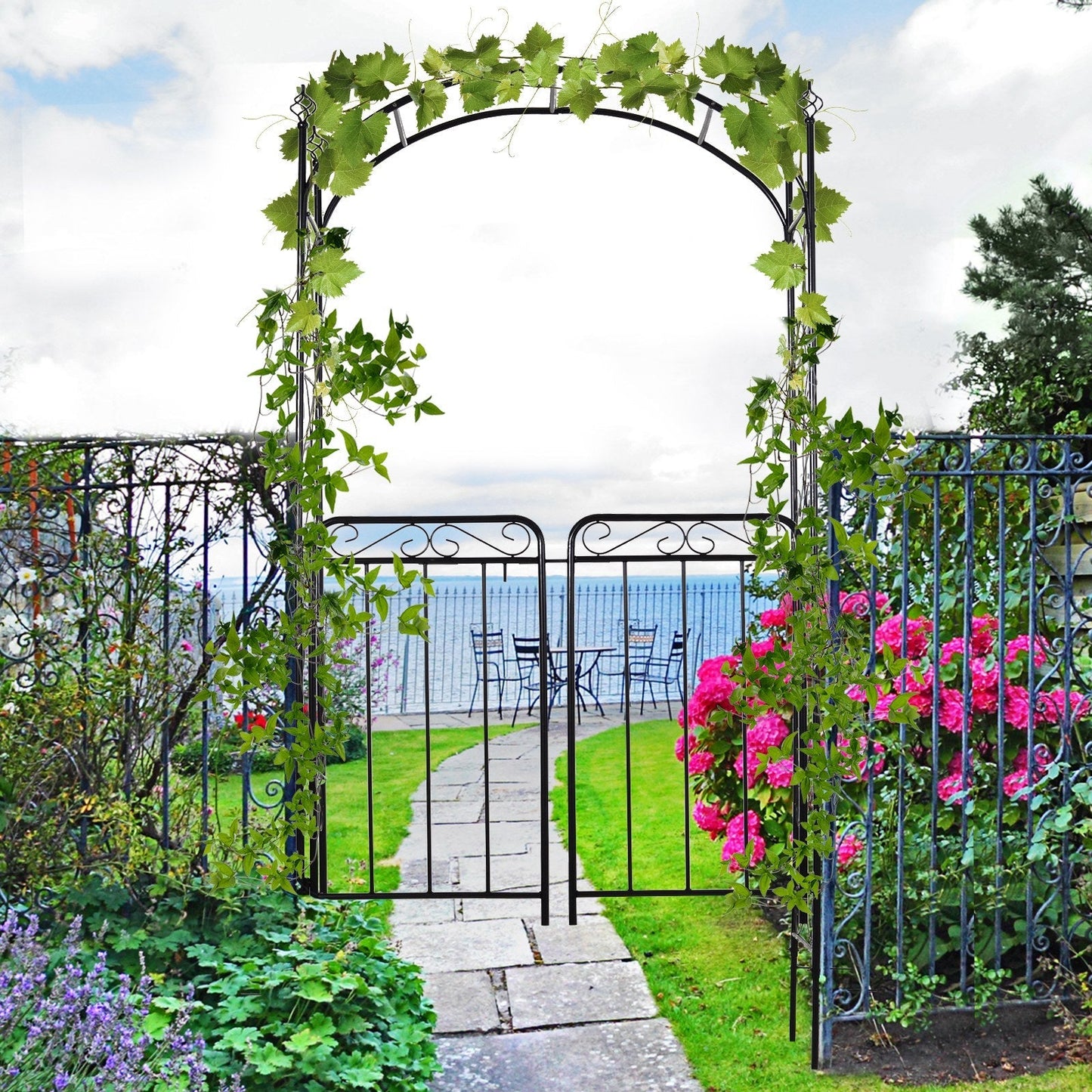 Outsunny Garden Decorative Metal Arch with Gate Outdoor Patio Trellis Arbor for Climbing Plant Archway Antique Black - 108L x 45W x 215Hcm