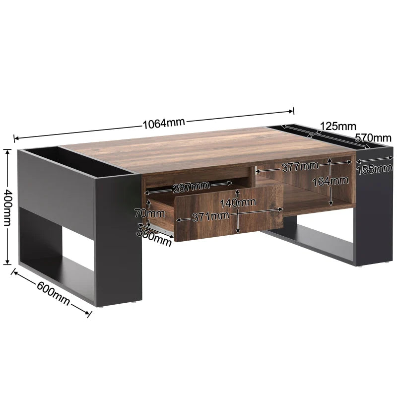 Wood Grain Coffee Table with Handleless Drawer and Double-Sided Storage, Industrial Design, 106.4x60x40 cm, Black+ Gray