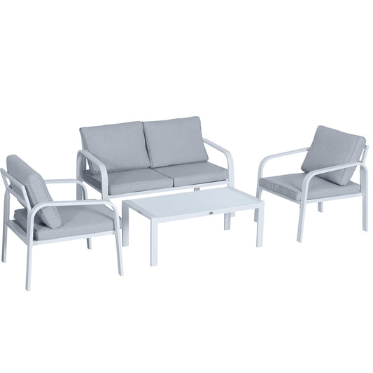 Outsunny 4pcs Garden Sofa Set 2 Single Armchair, 1 Bench & 1 Coffee Table Set Aluminum Frame Patio Furniture with Cushions, White