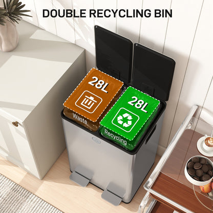 HOMCOM 56L Dual Compartment Stainless Steel Bin, with Deodoriser Holders - Silver Tone