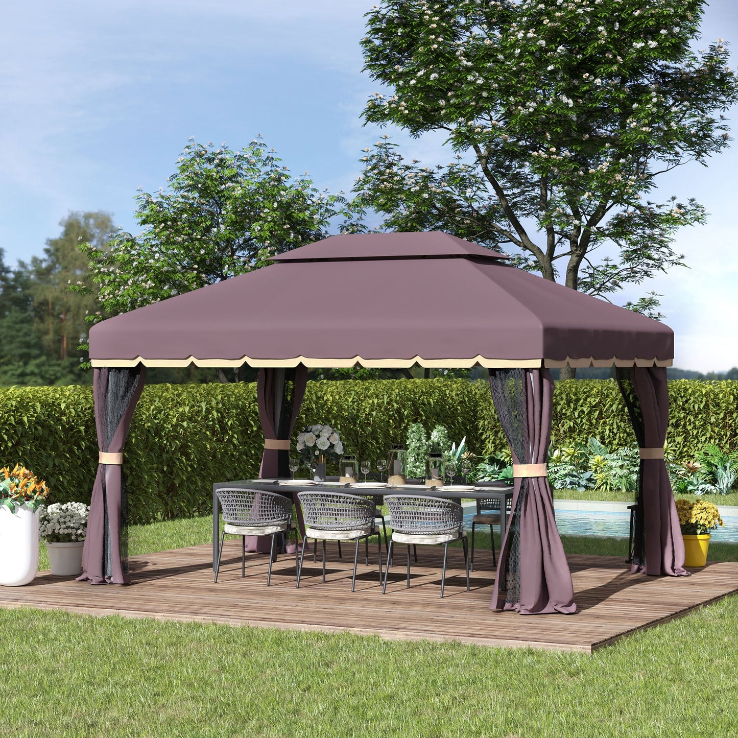 Outsunny 3 x 4m Aluminium Garden Gazebo, Marquee Canopy Shelter Pavilion Party Tent with Nets and Curtains for Garden, Lawn, Backyard and Deck, Coffee