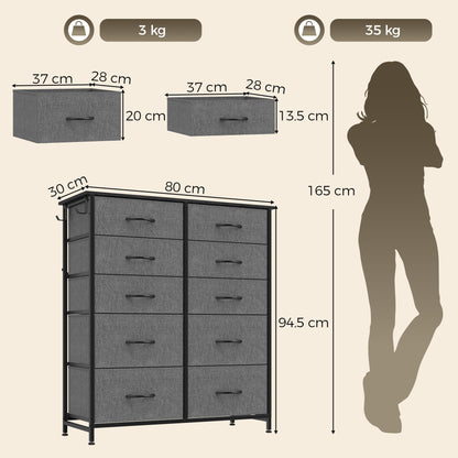 HOMCOM Chest of Drawers, Dresser with 10 Fabric Drawers, Tall Storage Unit with 4 Pockets and 2 Hooks Steel Frame, Grey