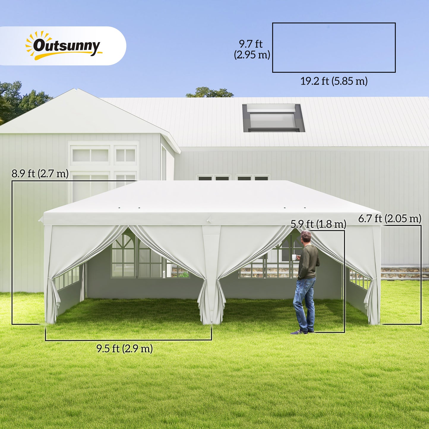Outsunny 3 x 6 m Garden Pop Up Gazebo, namiot weselny, wodoodporny baldachim markizy ze ścianami bocznymi, okna, torba transportowa, biały