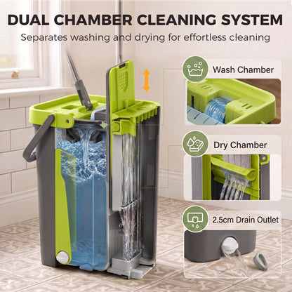HOMCOM Mop and Bucket Set, Compact Flat Mop System with Wringer, 2 Chambers, 5 Reusable Pads, Dark Grey and Green