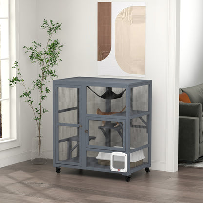 PawHut Cat House, Drewniany kryty koci domek na kółkach, Drewniana klatka dla kota z platformami, hamak, jasnoszary