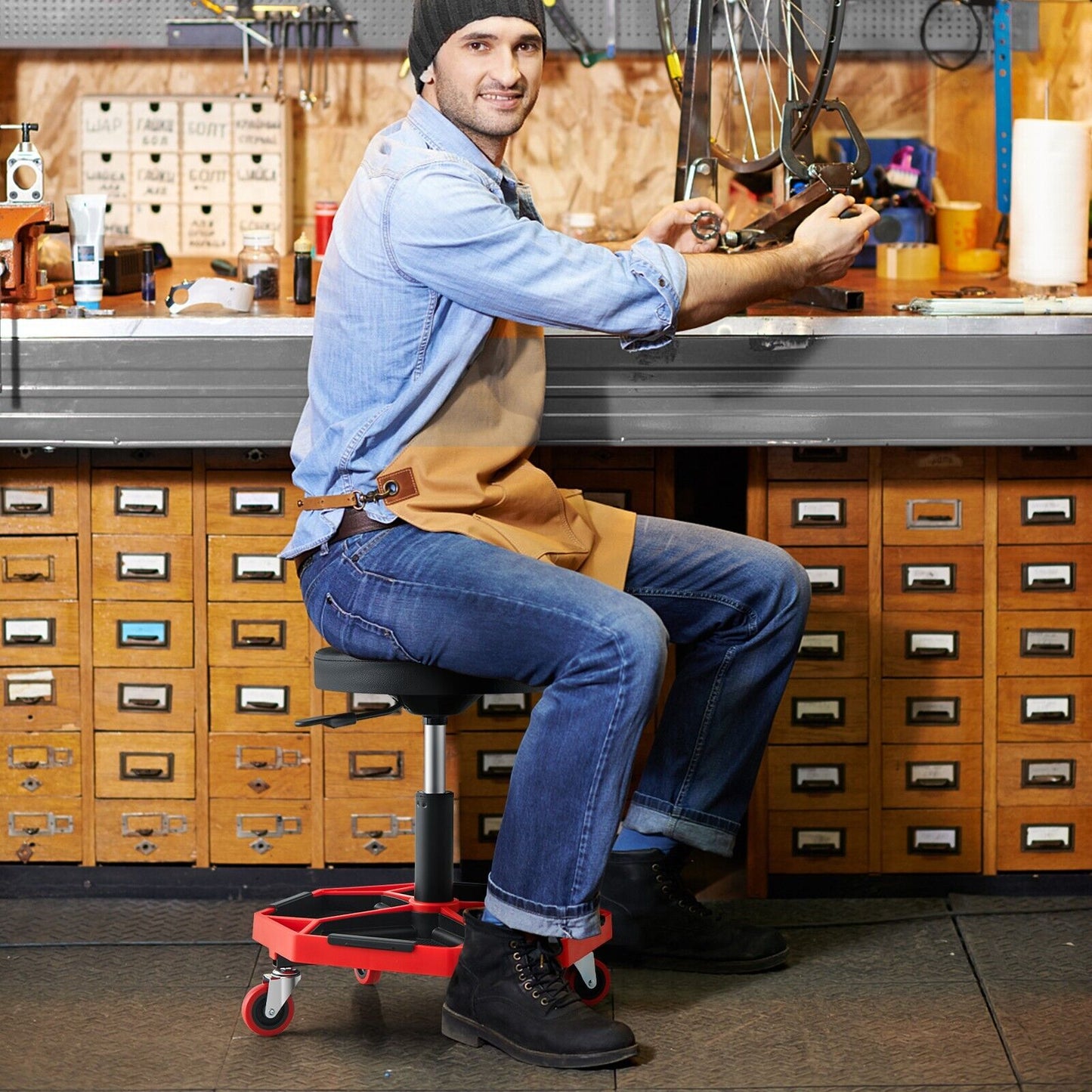 Garage Workshop Creeper Seat with Padded Seat and Tool Tray-Red