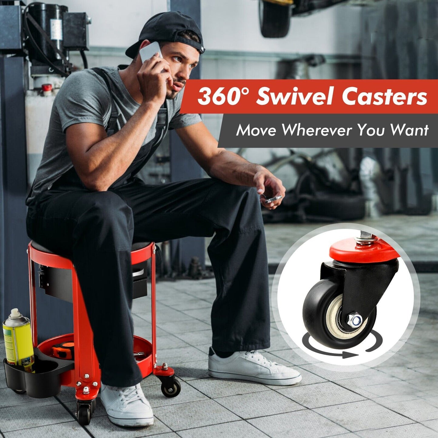 Rolling Workshop Creeper Seat with 2 Drawers and Tool Tray