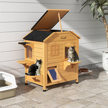 PawHut 2-story Cat House Outdoor, Weatherproof Wooden Cat Enclosure for Feral Cats with Escape Door, Openable Roof, Jumping Platforms, Natural Wood Finish