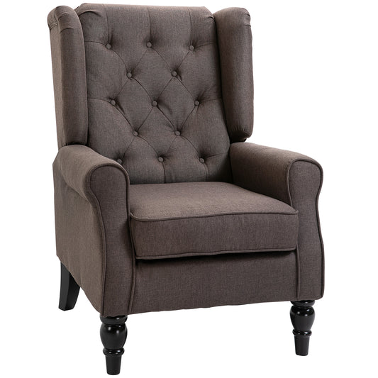 HOMCOM Retro Accent Chair, Linen Wingback Armchair with Wood Frame Button Tufted Design for Living Room Bedroom, Brown