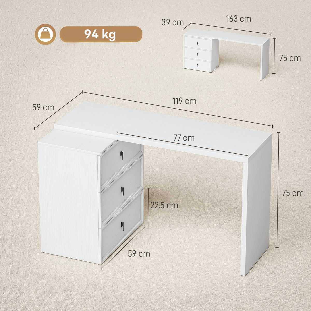 HOMCOM L Shaped Computer Desk with 3 Drawers, 163 x 39 cm Corner Desk, Thick Tabletop, Office Table, White Wood Effect