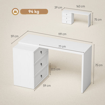 HOMCOM L Shaped Computer Desk with 3 Drawers, 163 x 39 cm Corner Desk, Thick Tabletop, Office Table, White Wood Effect