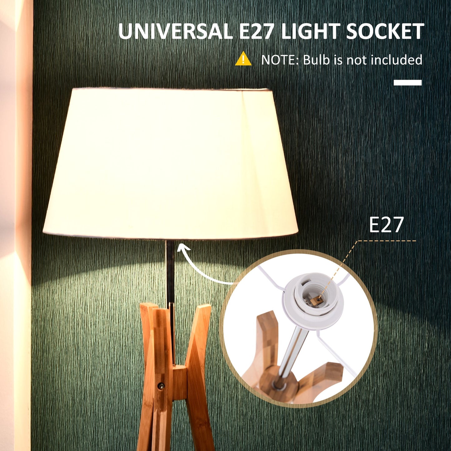 Tripod Floor Lamp Light E27 Base Bedroom Living Room Natural Wooden Fabric Shade Storage Shelf Foot Switch, 156cm, White