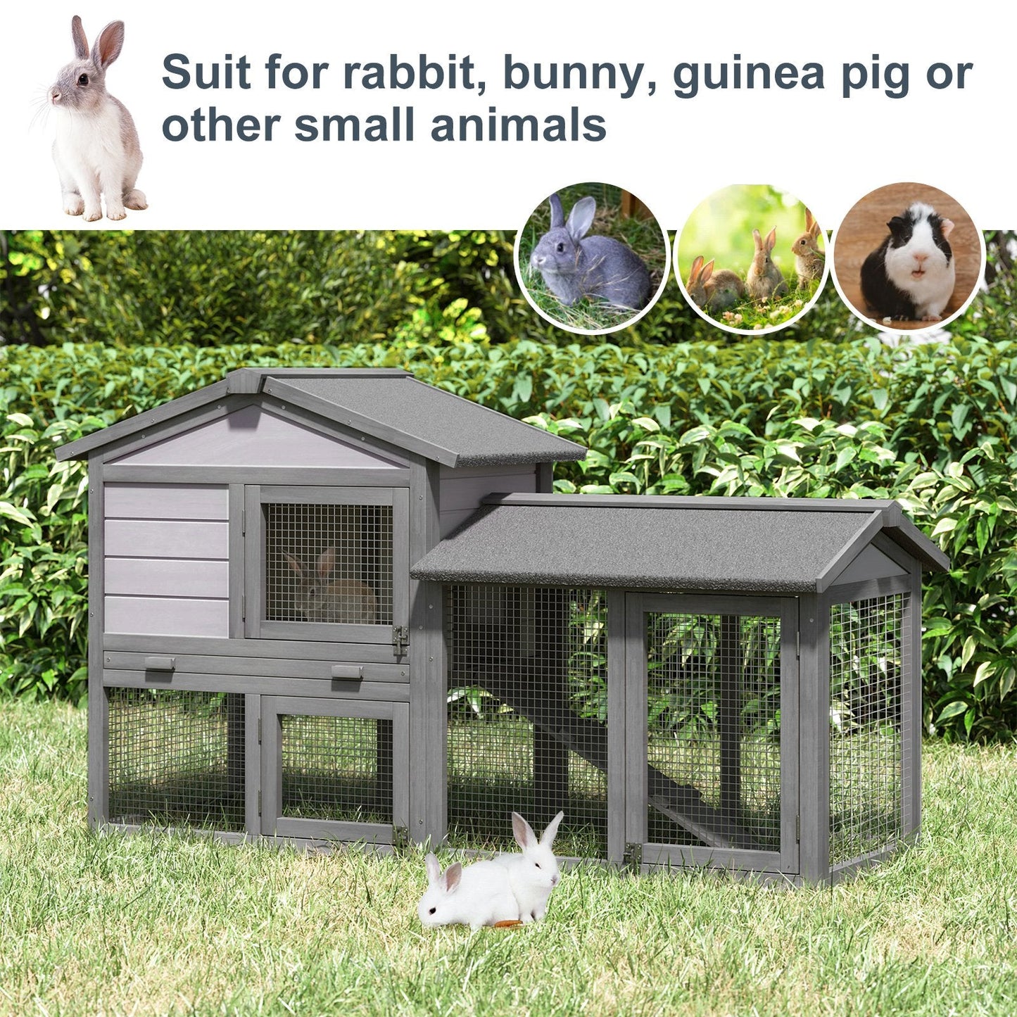 PawHut Small Animal Two-Level Fir Wood Guinea Pigs Hutches w/ Ramp Burnt Yellow