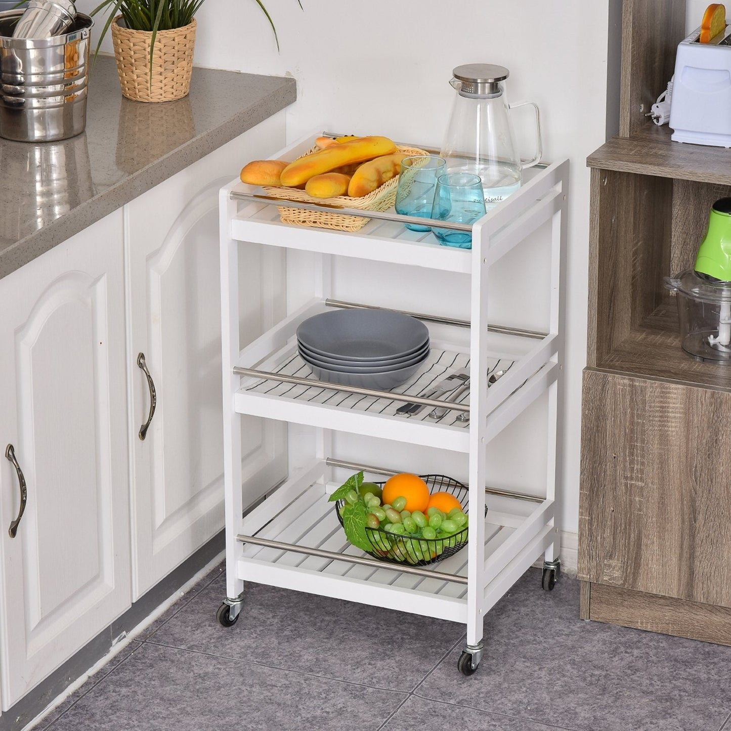 3-Tier Home Trolley Kitchen Storage w/ Steel Bars 4 Wheels Rolling Unit Organiser Living Room White