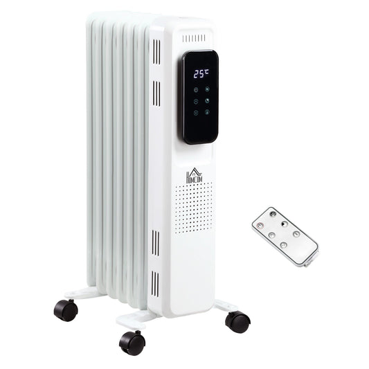 Grzejnik olejowy HOMCOM 1500 W, przenośny grzejnik elektryczny z 7 żebrami i wyświetlaczem LED, 24-godzinny timer, 3 ustawienia ogrzewania, regulowany termostat, wyłącznik bezpieczeństwa, pilot zdalnego sterowania, biały
