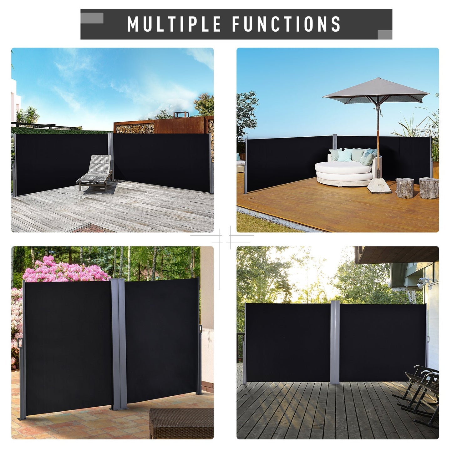 Outsunny 6 x 1.6 M Double Canopy Pull-Out Side Awning Sun Rain Outdoor Protection w/ Steel Frame Retractable Garden Privacy Home Commercial Black