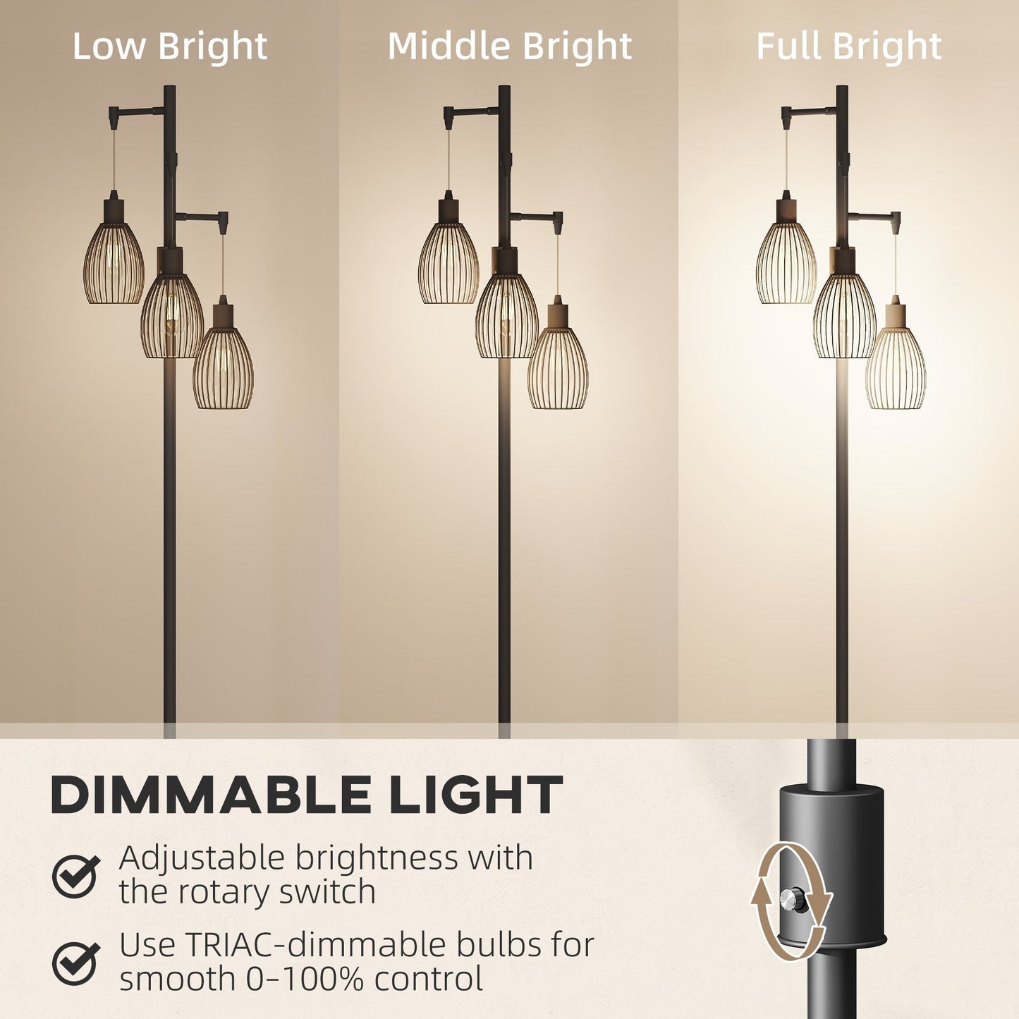 HOMCOM 3-Light LED Floor Lamp, 170cm Industrial Dimmable Standing Lamp with Steel Wire Cage Lampshades, 2700K for Living Room, Bedroom, Dining Room, Study, Black