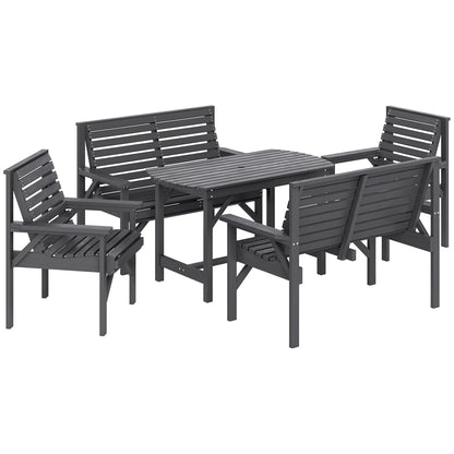 Outsunny 5 Piece Wooden Garden Dining Set for 6, Outdoor Conversation Set with 2 Armchairs, 2 Loveseats and Dining Table with Umbrella Hole for Patio, Balcony, Grey