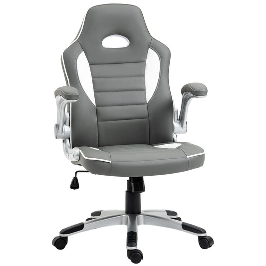 Racing Gaming Chair, PU Leather Computer Desk Chair, Height Adjustable Swivel Chair With Tilt Function and Flip Up Armrests, Grey