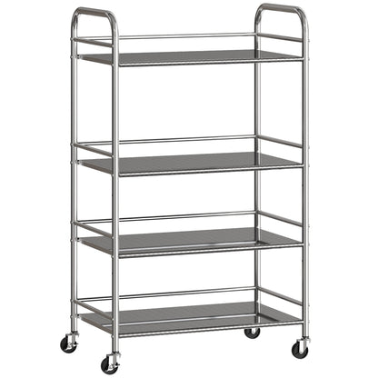 HOMCOM 4 Tier Stainless Steel Kitchen Storage Trolley with Adjustable Shelves - Silver