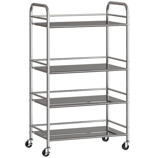 HOMCOM 4 Tier Stainless Steel Kitchen Storage Trolley with Adjustable Shelves - Silver
