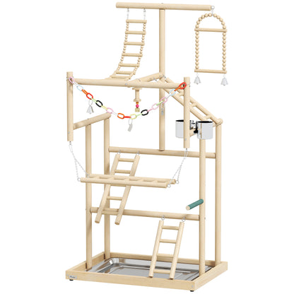 PawHut 95 cm Wooden Bird Playground with Ladders, Chain Toy, Stainless Steel Cups and Tray, Bird Cage Accessories, Natural