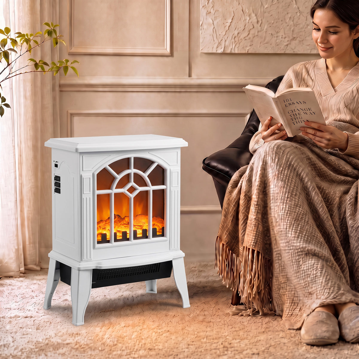 HOMCOM Freestanding Electric Fireplace, Electric Log Burner w/ LED Flame Effect, Overheating Safety System, 1000W/2000W, White