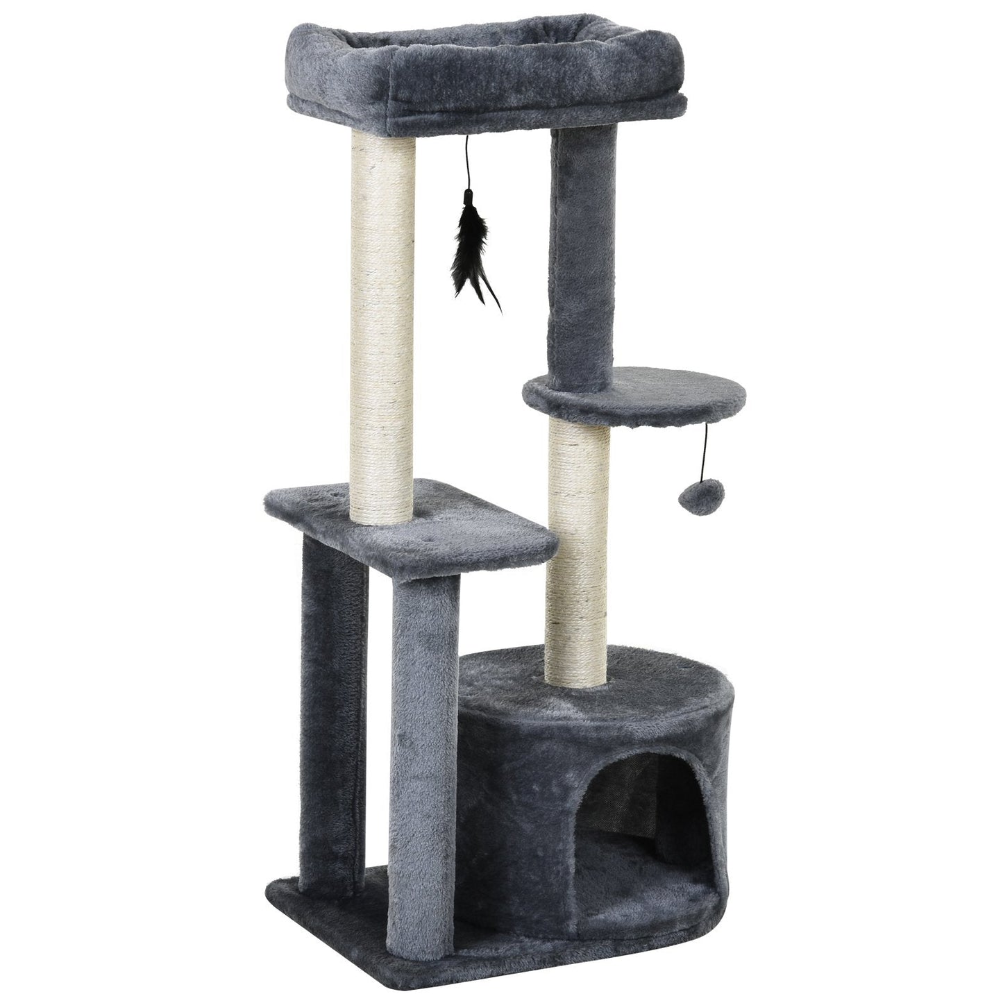 PawHut Cat Multi-Activity Tree Tower w/ Perch House Scratching Post Platform Play Ball Plush Covering Play Rest Relax Grey White