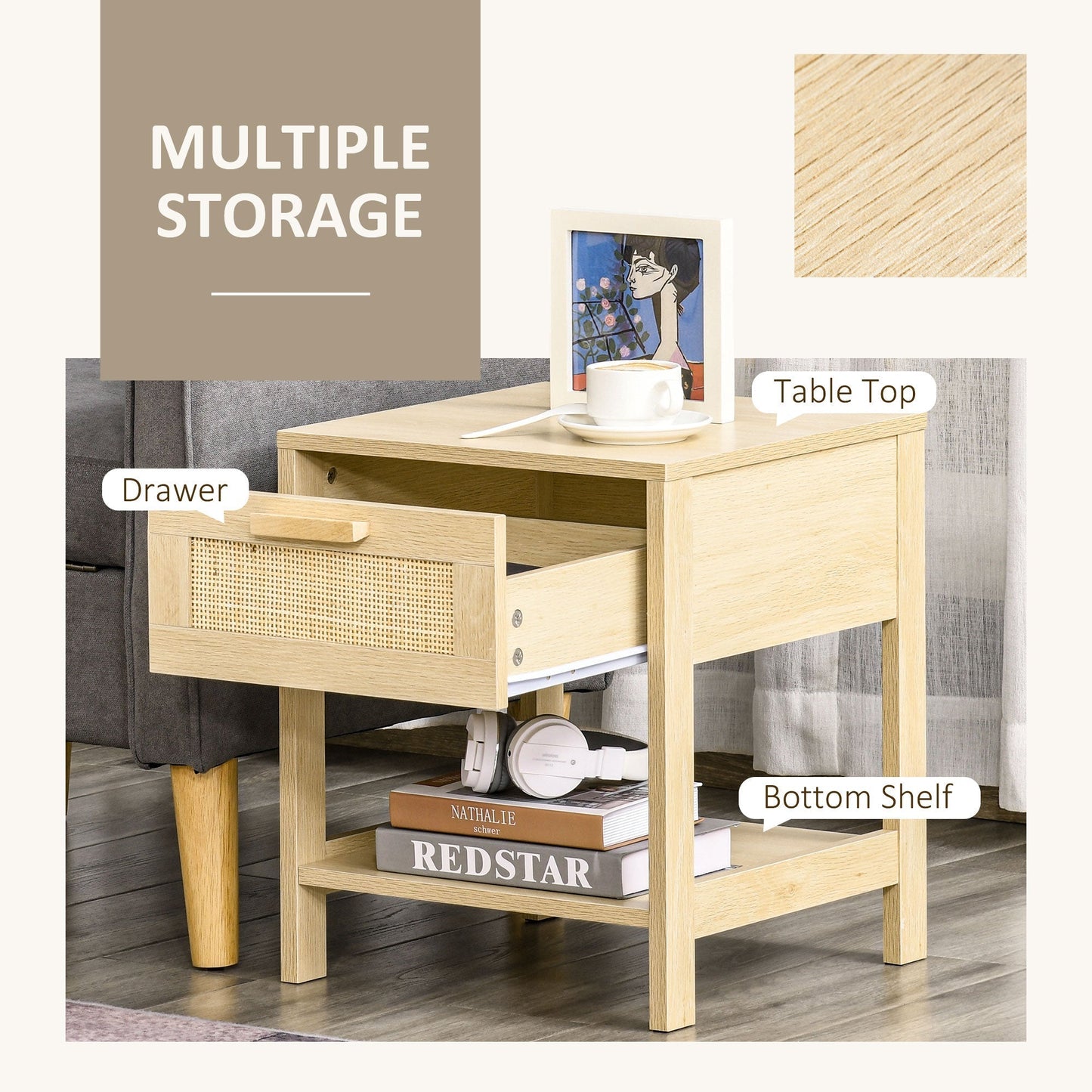 HOMCOM Bedside Table Set of 2 with Rattan Drawer, Rustic Side Tables with Storage Shelf for Bedroom, Living Room, Natural