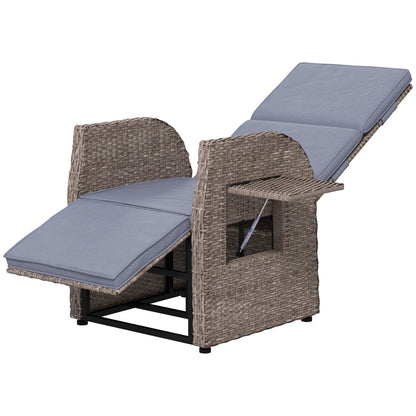 Outdoor Leisure Garden Chair W/ Cushion, Hand-Woven PE Rattan Recliner with Adjustable Back And Footrest, Patio Deck Chair with Side Table, Brown