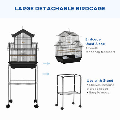 PawHut Metal Bird Cage with Plastic Swing Perch Food Container Tray Handle for Finch Canary Budgie 50.5 x 40 x 63cm Black