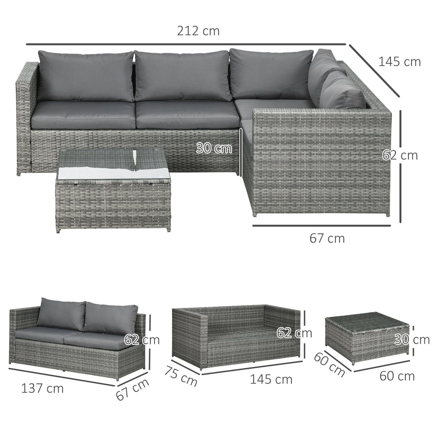 Outsunny 3 Pieces Rattan Garden Furniture 4 Seater Outdoor Patio Corner Sofa Chair Set with Coffee Table Thick Cushions Grey