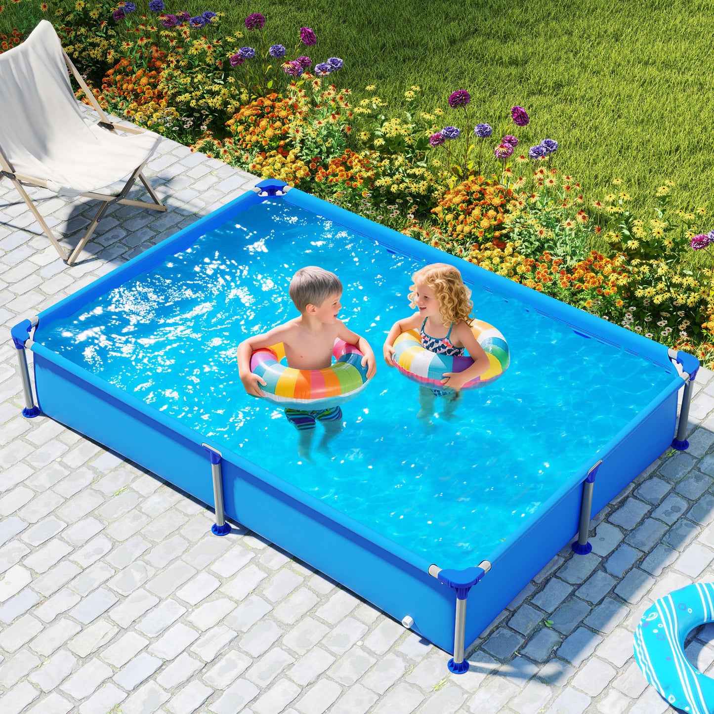 Above Ground Swimming Pool Outdoor Rectangular Pool for Kids above 3 with Metal Frame-Blue