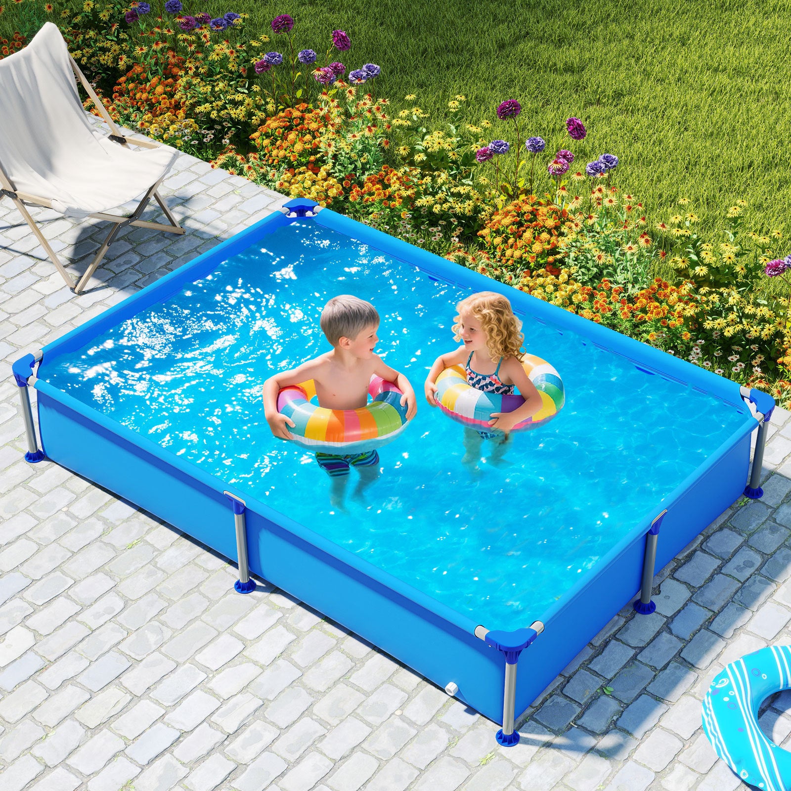 Above Ground Swimming Pool Outdoor Rectangular Pool for Kids above 3 with Metal Frame-Blue