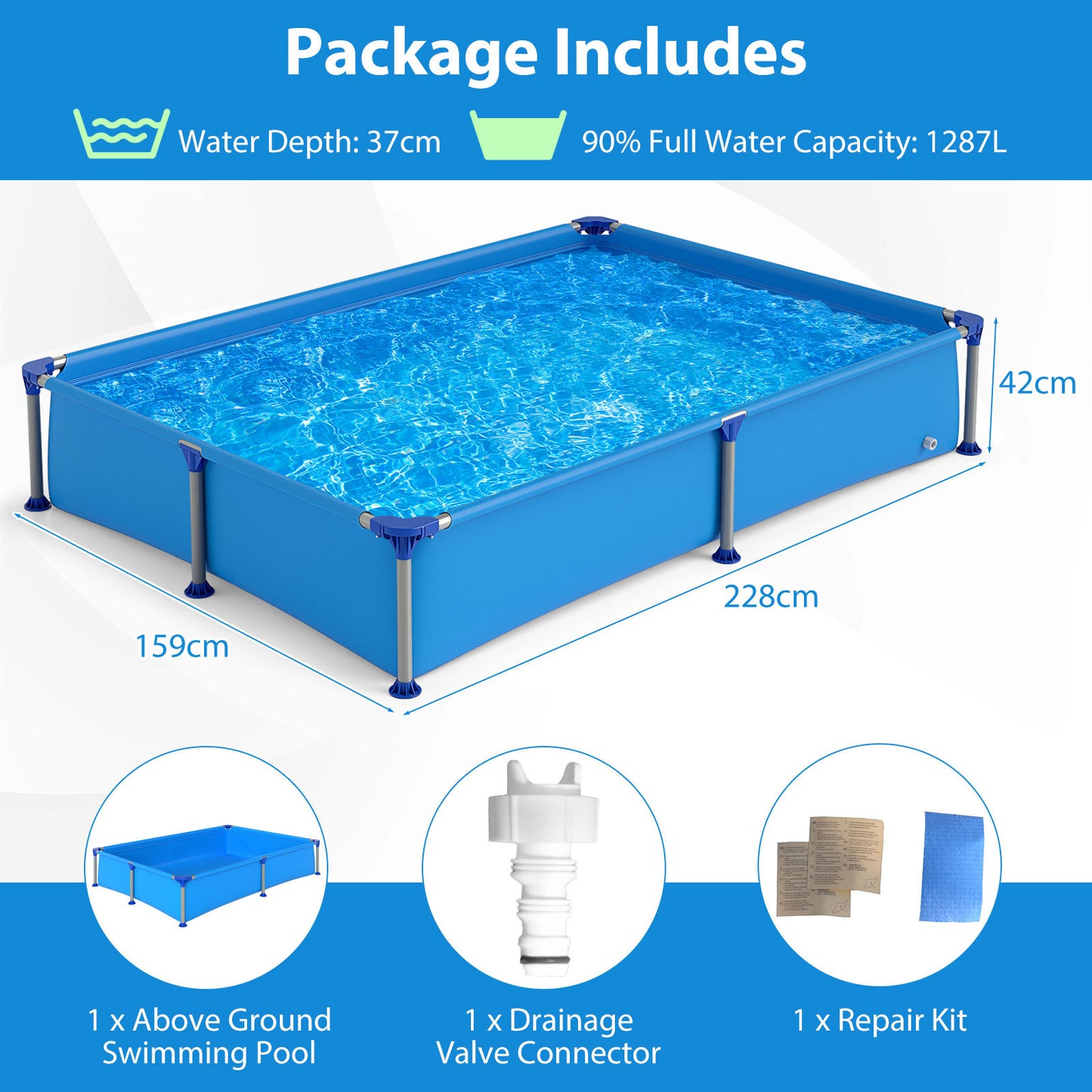 Above Ground Swimming Pool Outdoor Rectangular Pool for Kids above 3 with Metal Frame-Blue