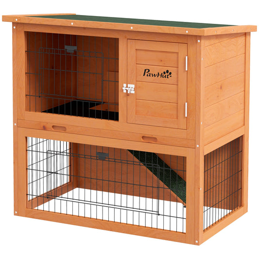 PawHut Two-Tier Antiseptic Wood Rabbit Hutch, 80cm Guinea Pig Hutch with Run - Orange