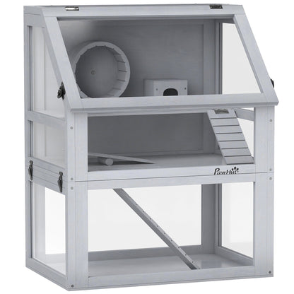 PawHut Wooden Hamster Cage with Detachable 32cm Deep Bottom, Hut, Seesaw, Exercise Wheel, Ramp, 60 x 40 x 75cm, Light Grey