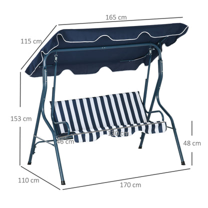 Outsunny 3 Seater Garden Swing Seat Chair Outdoor Bench with Adjustable Canopy and Metal Frame, Blue Stripes