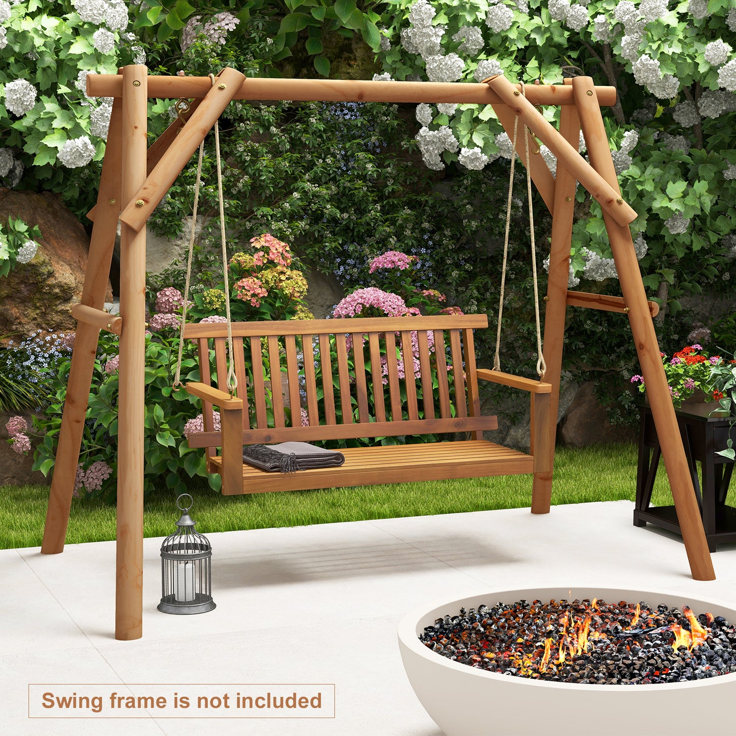 Acacia Wood Porch Swing with Slatted Seat and Backrest