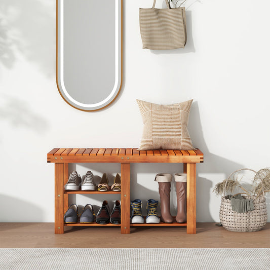 Acacia Wood Shoe Rack Bench 3-Tier Shoe Organizer Storage Shelf-L