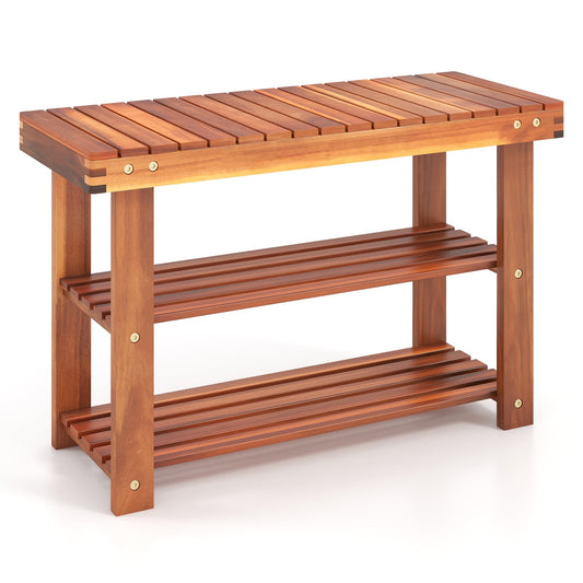 Acacia Wood Shoe Rack Bench 3-Tier Shoe Organizer Storage Shelf-M