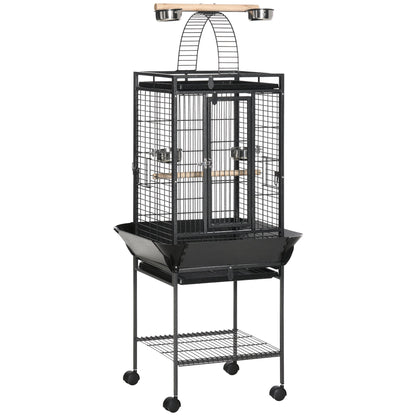 PawHut 156cm Bird Cage,Large Parrot Cage with Open Play Top, Perch, Seed Guard, Wheels, Storage Shelf, Dark Grey